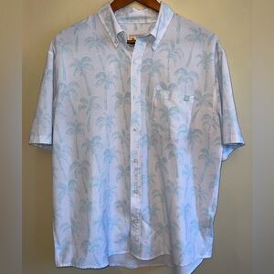 Huk Light Blue Palm Print Casual Button Down Short Sleeve Shirt Size Large
